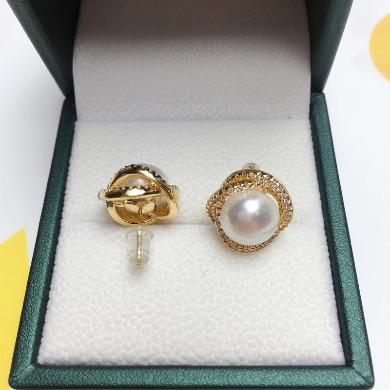 ZHBORUINI Bird's nest Pearl Jewelry Sets Natural Freshwater Pearl Necklace Earrings Zircon Cover With 14k Gold Leaf For Women