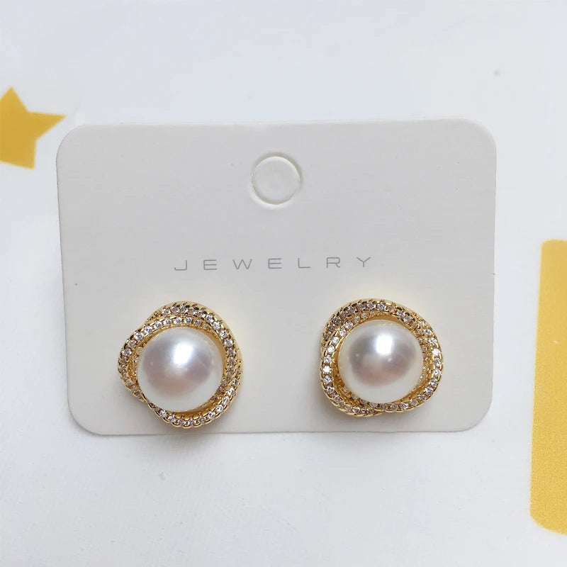 ZHBORUINI Bird's nest Pearl Jewelry Sets Natural Freshwater Pearl Necklace Earrings Zircon Cover With 14k Gold Leaf For Women