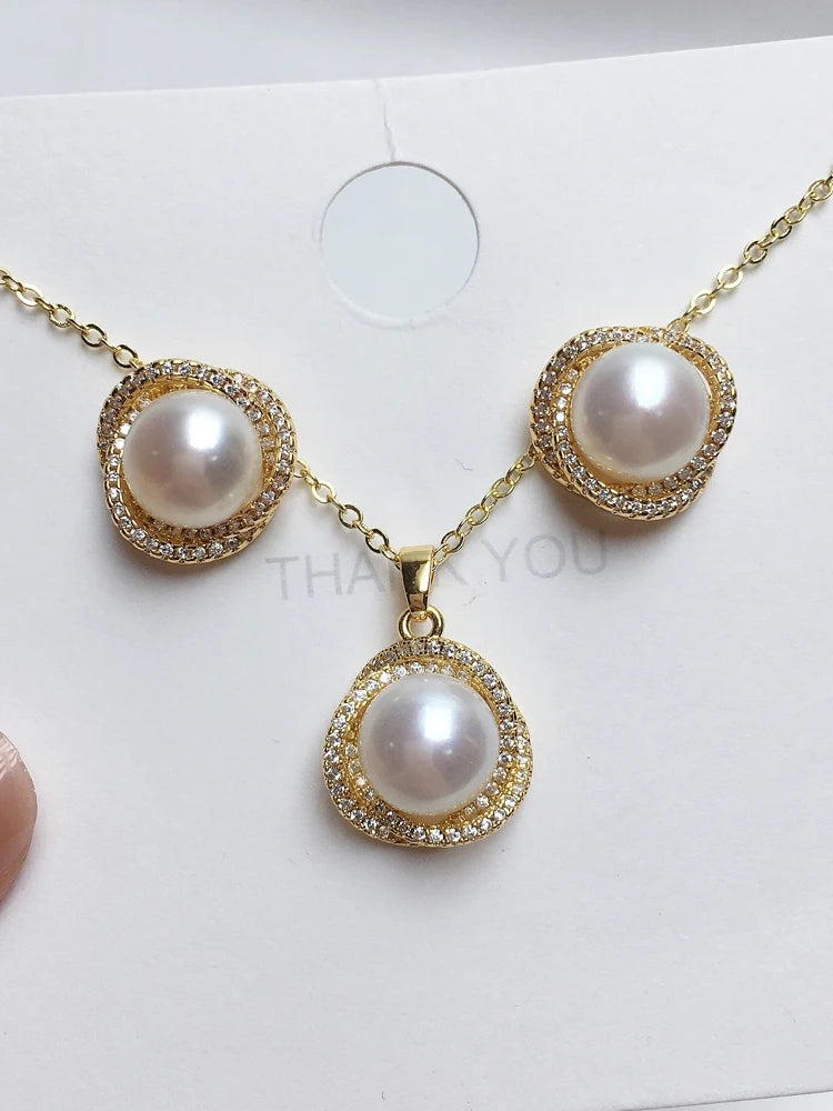 ZHBORUINI Bird's nest Pearl Jewelry Sets Natural Freshwater Pearl Necklace Earrings Zircon Cover With 14k Gold Leaf For Women